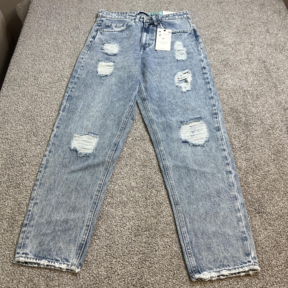 MUSELOOKS Jeans Womens 7 Blue Mom High‎ Rise Distressed Raw Hem Ripped M0760